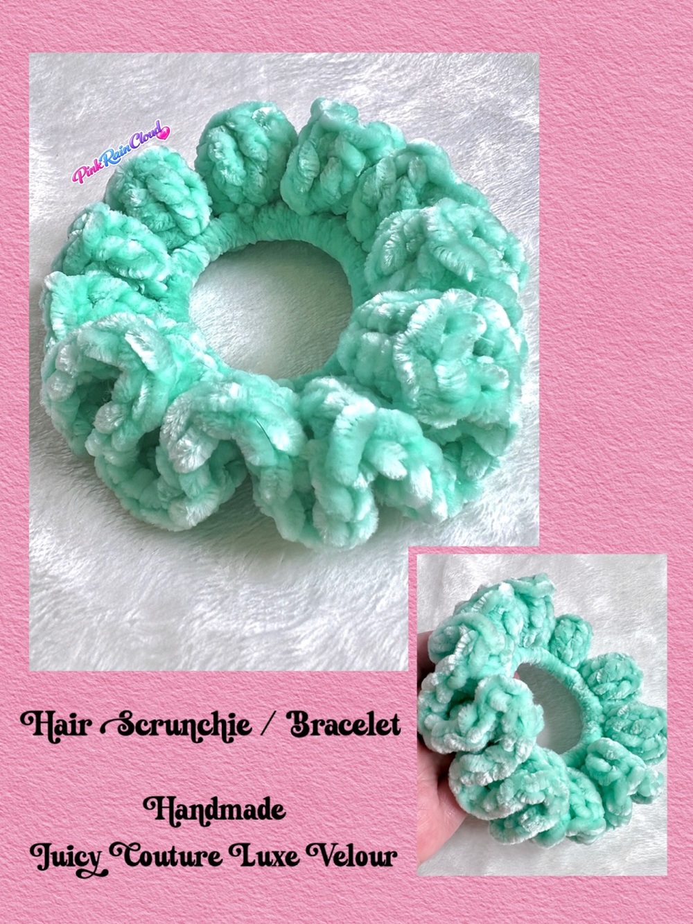 PinkRainCloud Handmade Mint Green Velvet Crochet Hair Scrunchie Soft Hair Tie